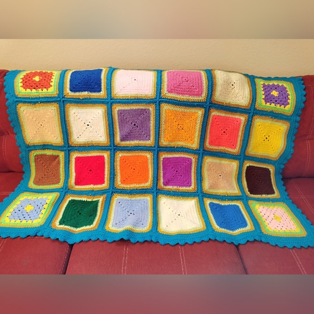 crochet afghan throw granny squares blue yellow pink purple 34 X 48